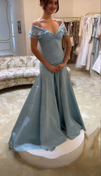 Blue Off-the-shoulder Elegant A-Line Long Prom Dress Birthday Dress   cg25465