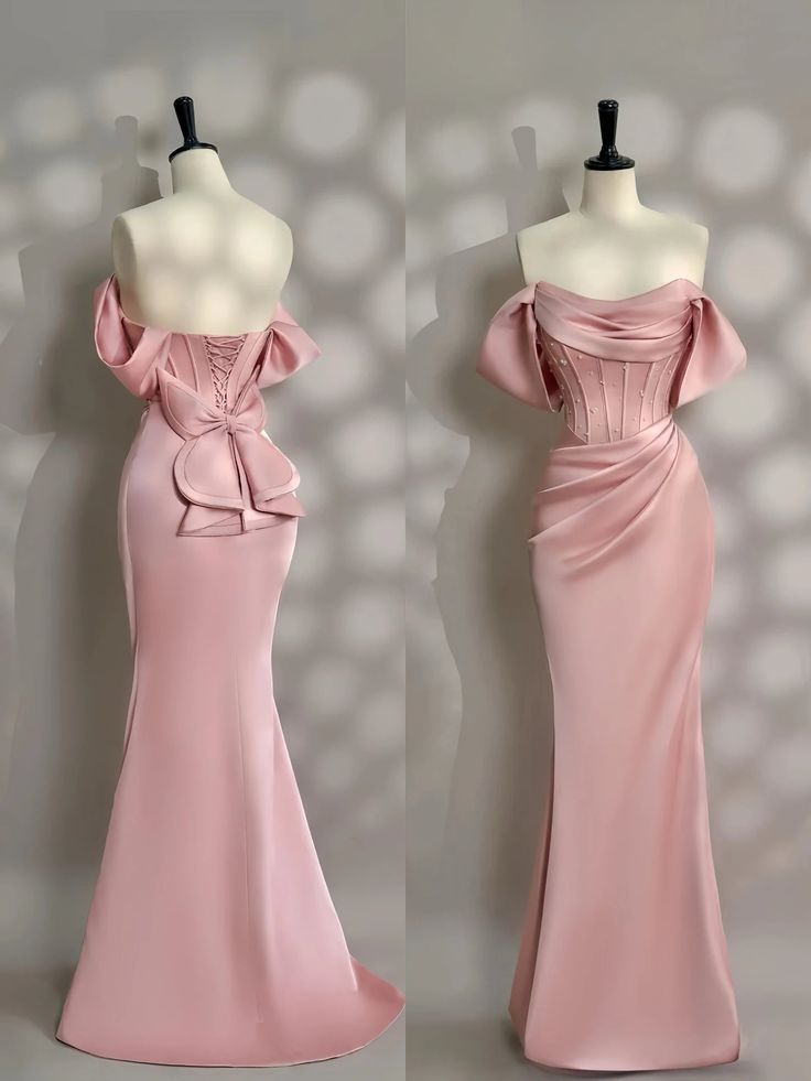 Long Pink Satin Prom Dress Off Shoulder Prom Dress Evening Party Gowns    fg7426