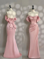 Long Pink Satin Prom Dress Off Shoulder Prom Dress Evening Party Gowns    fg7426