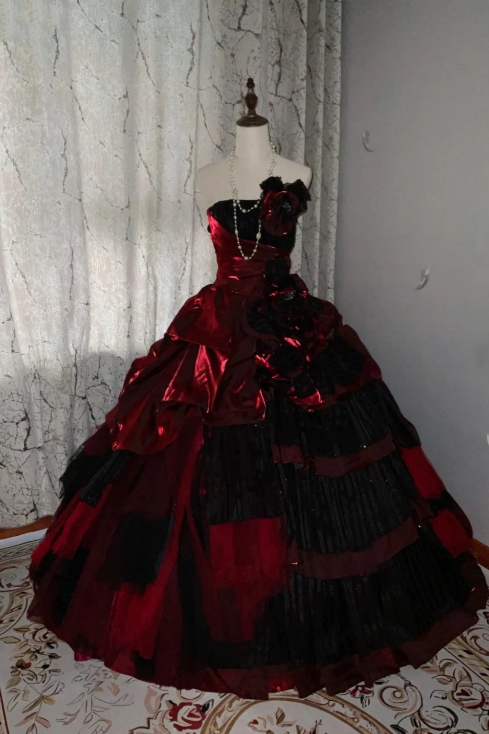 uschichubs-Burgundy-Black Paneled Shiny Satin Strapless Sleeveless Floor-Length Gothic Ball Gown gh6317