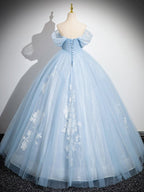A-Line Off Shoulder Tulle Sequin Blue Long Prom Dress, Blue Sweet 16 Dress    fg6727