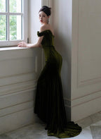 Dark Green Mermaid Velvet Off Shoulder Party Dress, Dark Green Prom Dress        fg6199