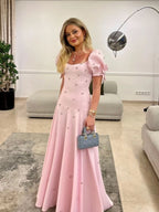 Pink Elegant Short Sleeves Prom Dress Evening Gown   fg7614