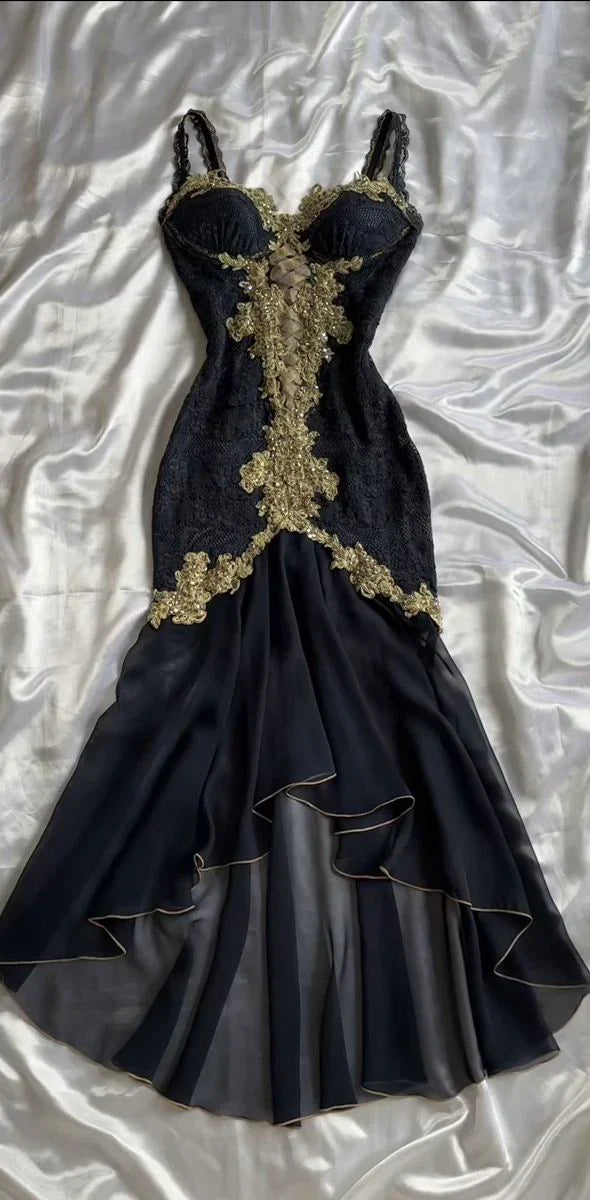 Dark blue vintage fashion exquisite lace straps long ruffled prom dress, evening dress, party dress gh3519