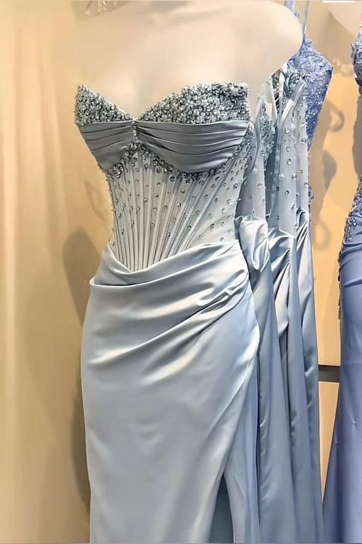Light Blue Beaded Corset Ruched Formal Dress blue prom dress       fg7488