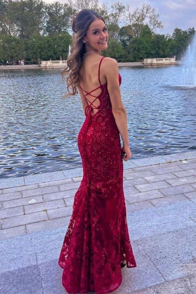 Burgundy Mermaid Lace Sequins Prom Dress Formal Wear Dresses    fg6922