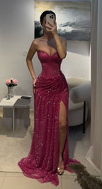 Glitter Mermaid Prom Dresses, Sleeveless Sweetheart Neckline Evening Dress, Long Split Formal Dress    cg25952
