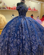 A Line Navy Blue Off The Shoulder Quinceanera Dresses Sweet 16 Dress Ball Gown      fg6897