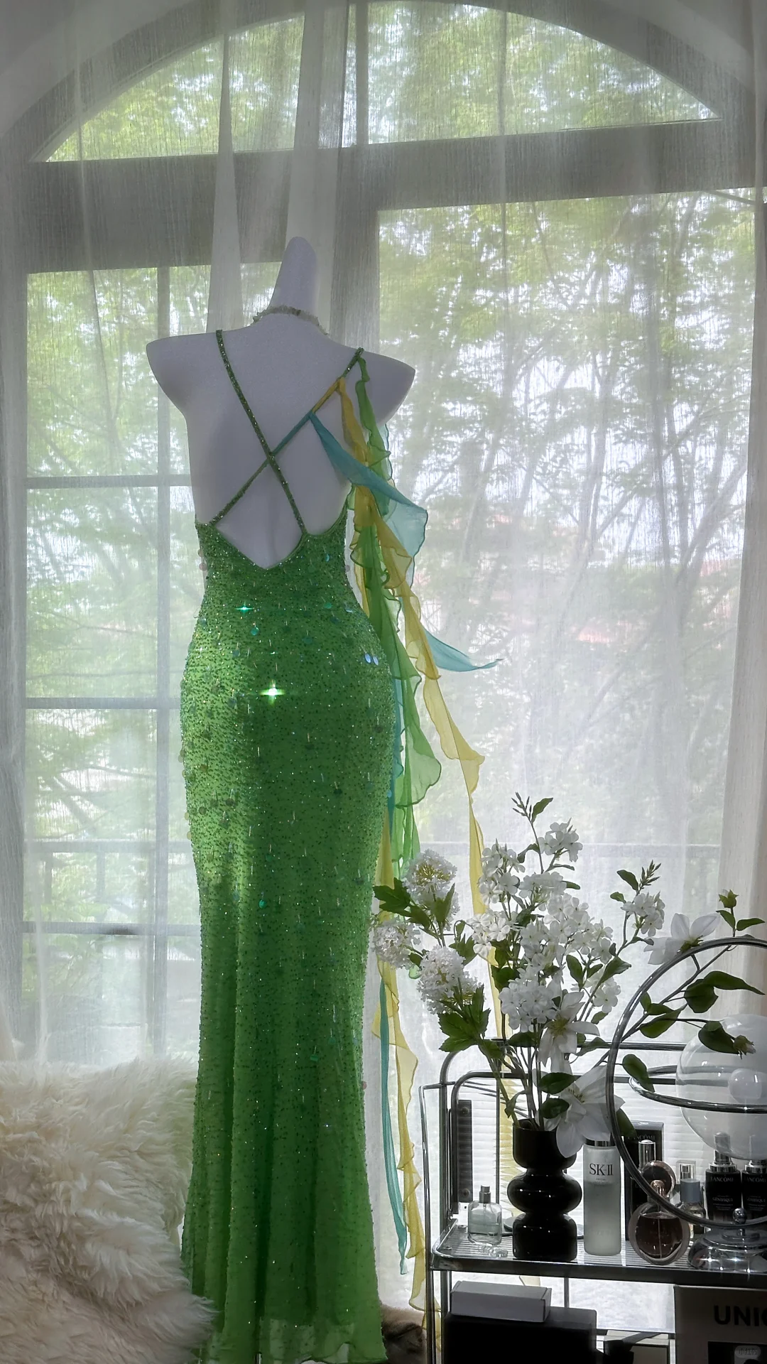Vintage Shiny Sequin Green Spaghetti Strap Design A-line Romantic Chiffon Evening Dress Prom Dress TP4007