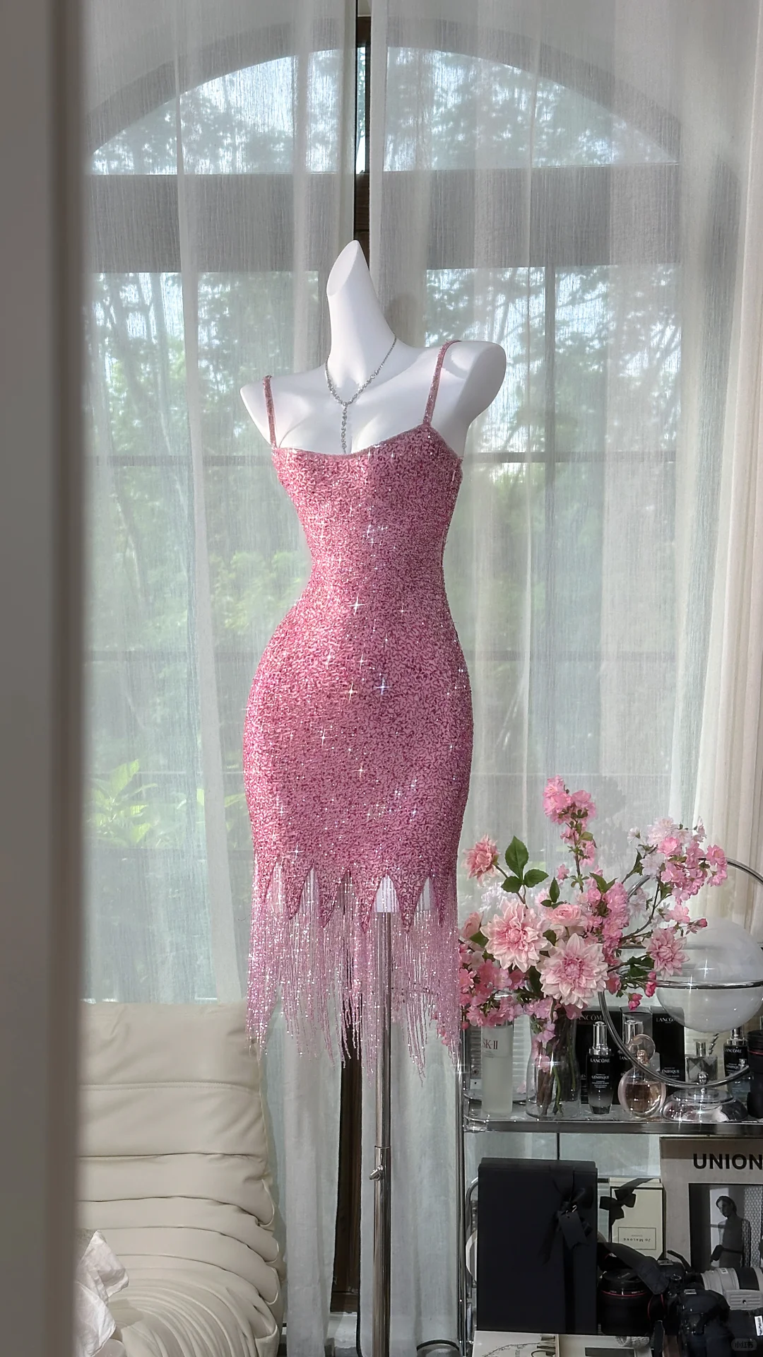 Vintage Pink Sparkling Sequin Spaghetti Strap Tassels Hem Romantic Evening Dress Prom Dresses TP4151