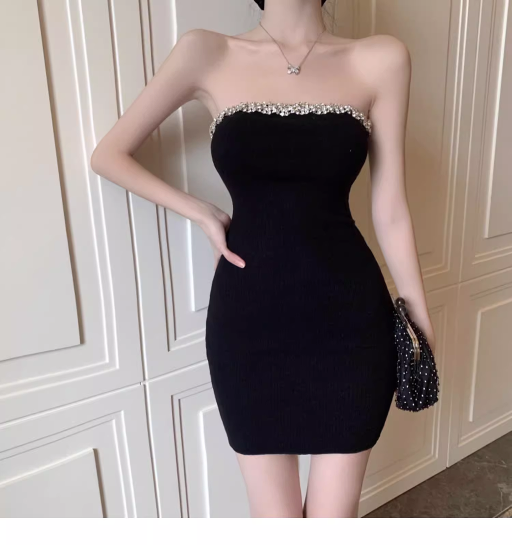 Vintage Black Beading Strapless Tight Homecoming Dress TP3767