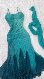 uschichubs-Teal Gradient Sling Gown, Sequin Embroidered Mermaid Dress with Matching  Scarf Evening Gown gh6002