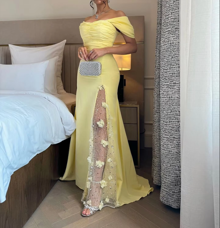 Elegant Yellow Prom Dresses Long Off Shoulder Formal Wedding Party Dress