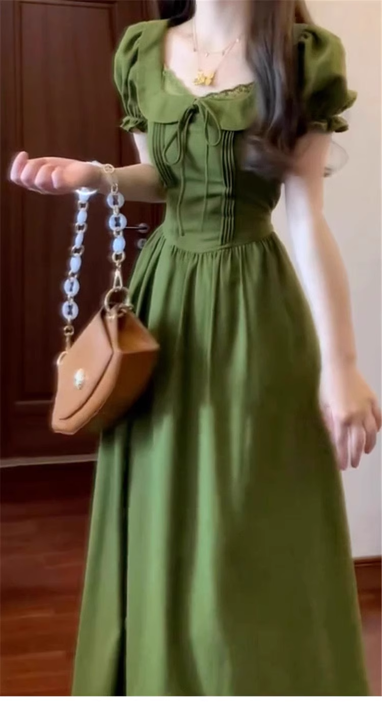 Vintage Olive Green Prom Dress A-Line Short-sleeve Evening Dress Long Formal Dress TP4719