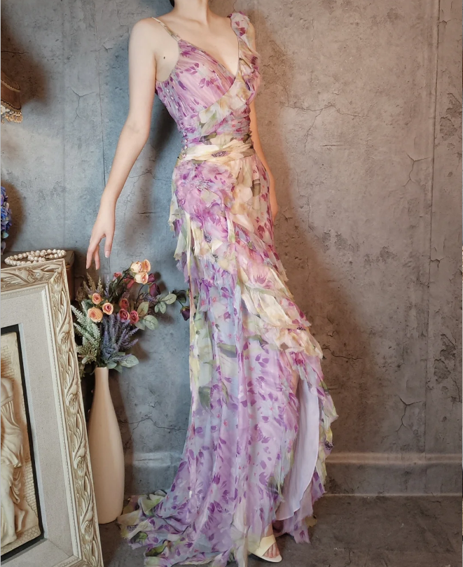 French Romantic Purple Floral Print V-neck Backless Layered Pleated Chiffon Prom Dress Evening Dress P4312