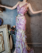 French Romantic Purple Floral Print V-neck Backless Layered Pleated Chiffon Prom Dress Evening Dress P4312