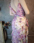 French Romantic Purple Floral Print V-neck Backless Layered Pleated Chiffon Prom Dress Evening Dress P4312