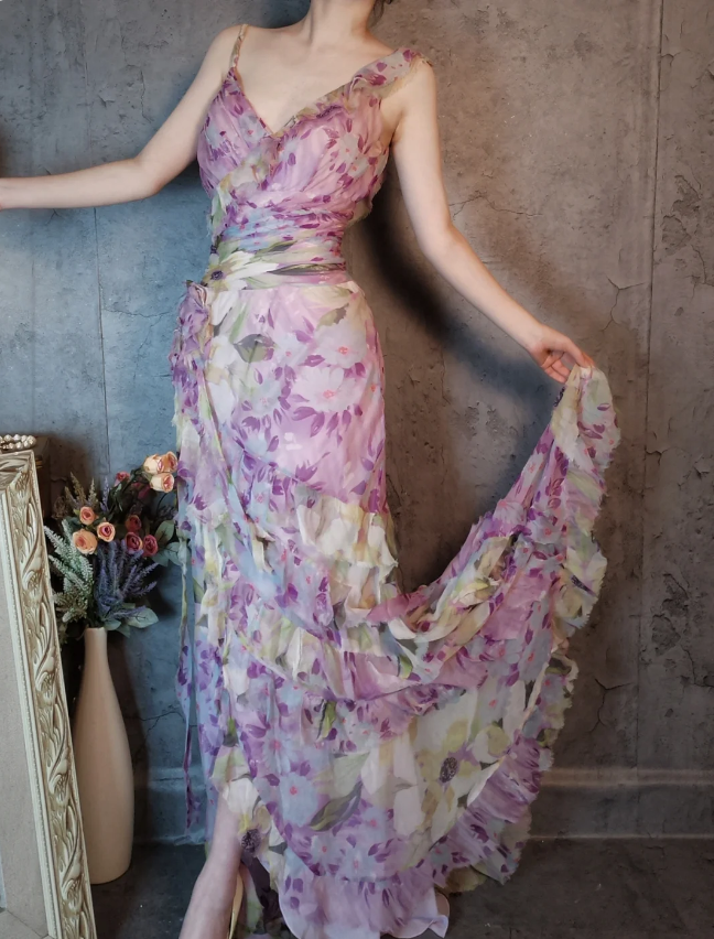 French Romantic Purple Floral Print V-neck Backless Layered Pleated Chiffon Prom Dress Evening Dress P4312