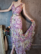 French Romantic Purple Floral Print V-neck Backless Layered Pleated Chiffon Prom Dress Evening Dress P4312