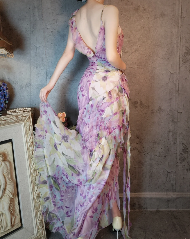 French Romantic Purple Floral Print V-neck Backless Layered Pleated Chiffon Prom Dress Evening Dress P4312