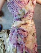 French Romantic Purple Floral Print V-neck Backless Layered Pleated Chiffon Prom Dress Evening Dress P4312