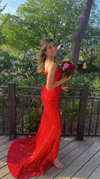 Red Mermaid Sequins Prom Dresses, Bodycon Evening Dresses
