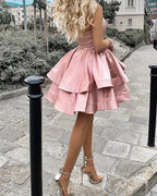 One Shoulder Homecoming Dresses Satin Ruffle Hem
