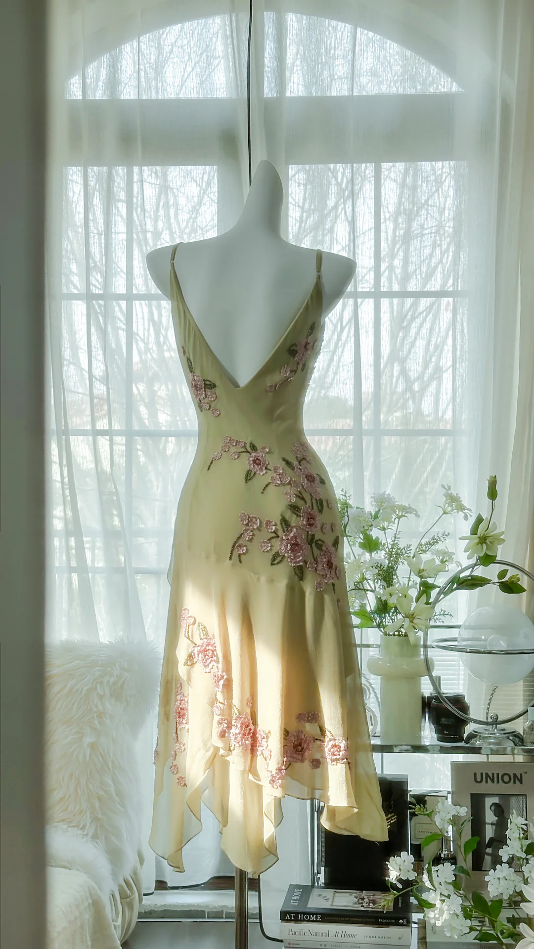 Vintage Light Green Spaghetti Strap Floral Design A-line Romantic Chiffon Evening Dress Prom Dress TP4006