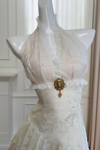 uschichubs-Vintage Lace Jacquard Halter Evening Dress, Long Sleeveless Elegant Party Gown gh5902