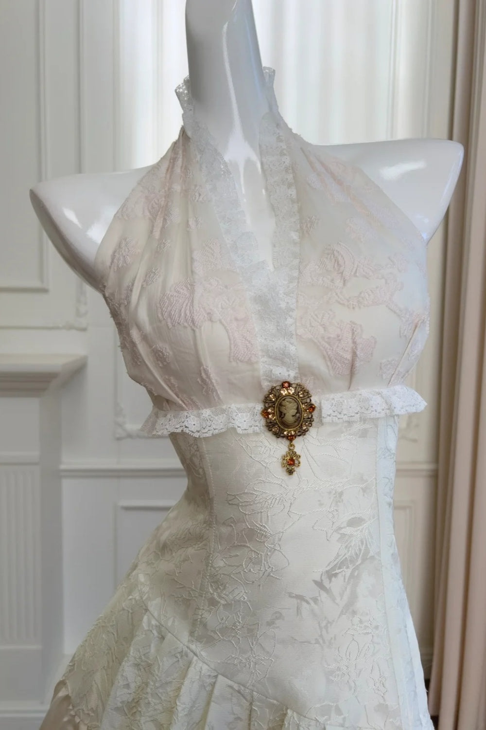 uschichubs-Vintage Lace Jacquard Halter Evening Dress, Long Sleeveless Elegant Party Gown gh5902