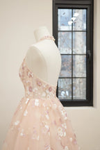uschichubs-Pink floral fashion long tulle sequin homecoming dress birthday dress Prom dress evening dress gh5071
