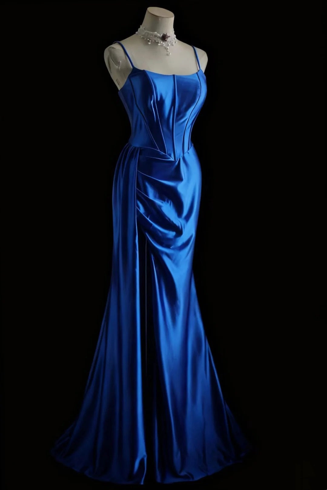 uschichubs-Sleeveless Royal Blue Satin Mermaid Dress, Retro Elegant Slim - fitting Floor - length Evening Gown  gh5828