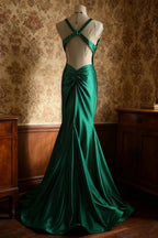 uschichubs-Sleeveless Deep V - Neck Backless Dark Green Satin Mermaid Dress, Retro Elegant Slim - fitting Floor - length Evening Gown  gh5827