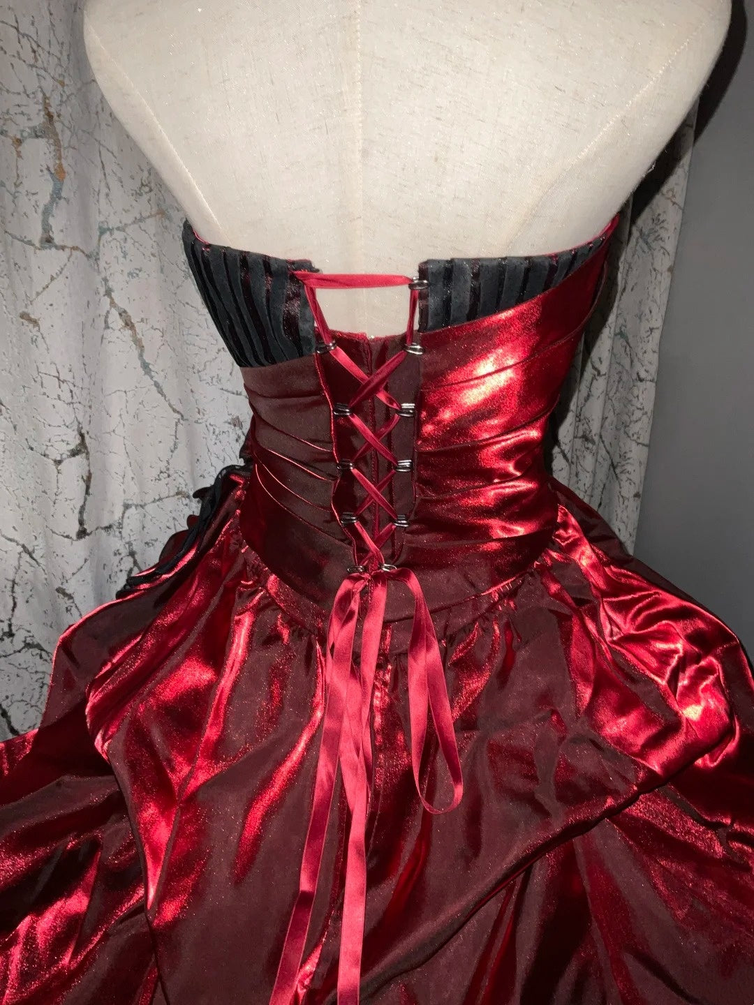 uschichubs-Burgundy-Black Paneled Shiny Satin Strapless Sleeveless Floor-Length Gothic Ball Gown gh6317