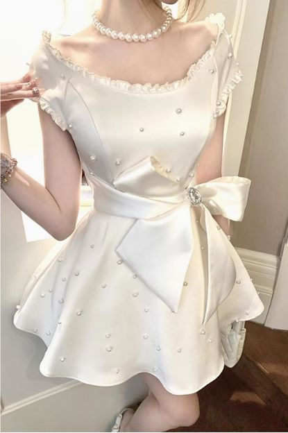 Pearl Satin A-Line Birthday Dress Bow Homecoming Dress fg8291