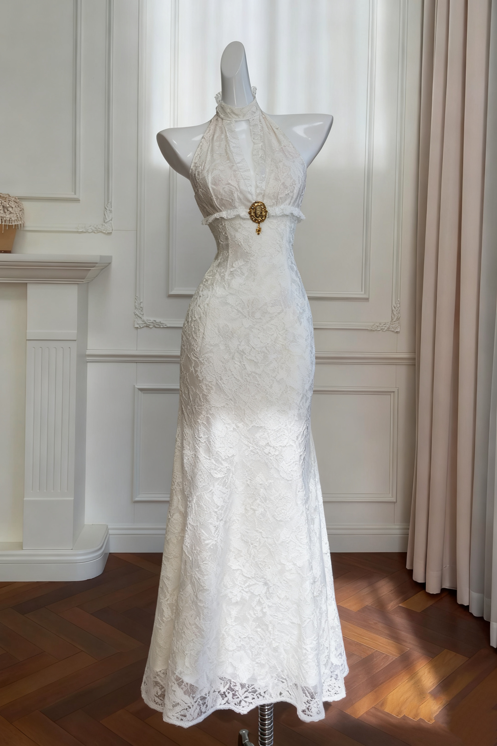 uschichubs-Vintage Lace Jacquard Halter Evening Dress, Long Sleeveless Elegant Party Gown gh5902