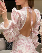 uschichubs-Pink floral long sleeves fashion sweet short chiffon backless homecoming dress birthday dress gh5272