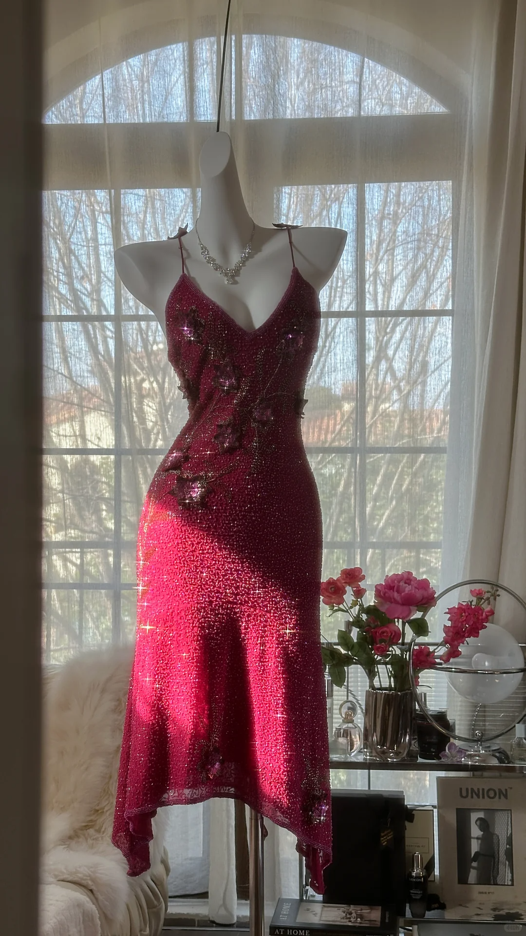 Vintage Shiny Sequin Rose Red Backless Design A-line Romantic Chiffon Evening Dress Prom Dress TP4008
