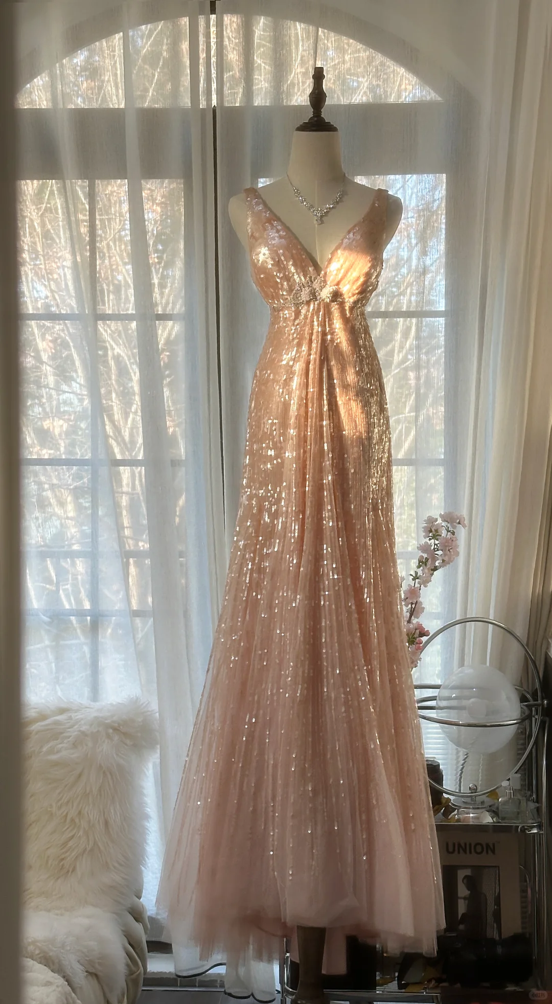Vintage Champagne Sparkling Sequin Design Romantic Chiffon Evening Dress Prom Dress TP4015