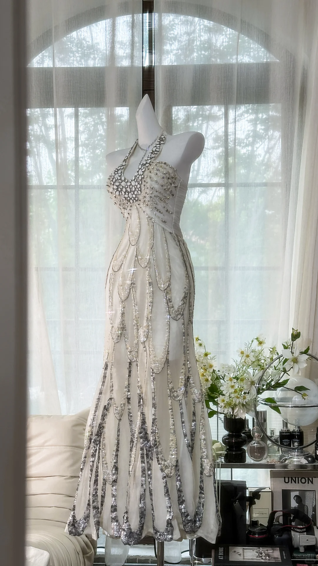 Vintage White Beaded Sparkling Long Chiffon Spaghetti Strap Romantic Ball Gown Evening Dress Prom Dresses TP3963