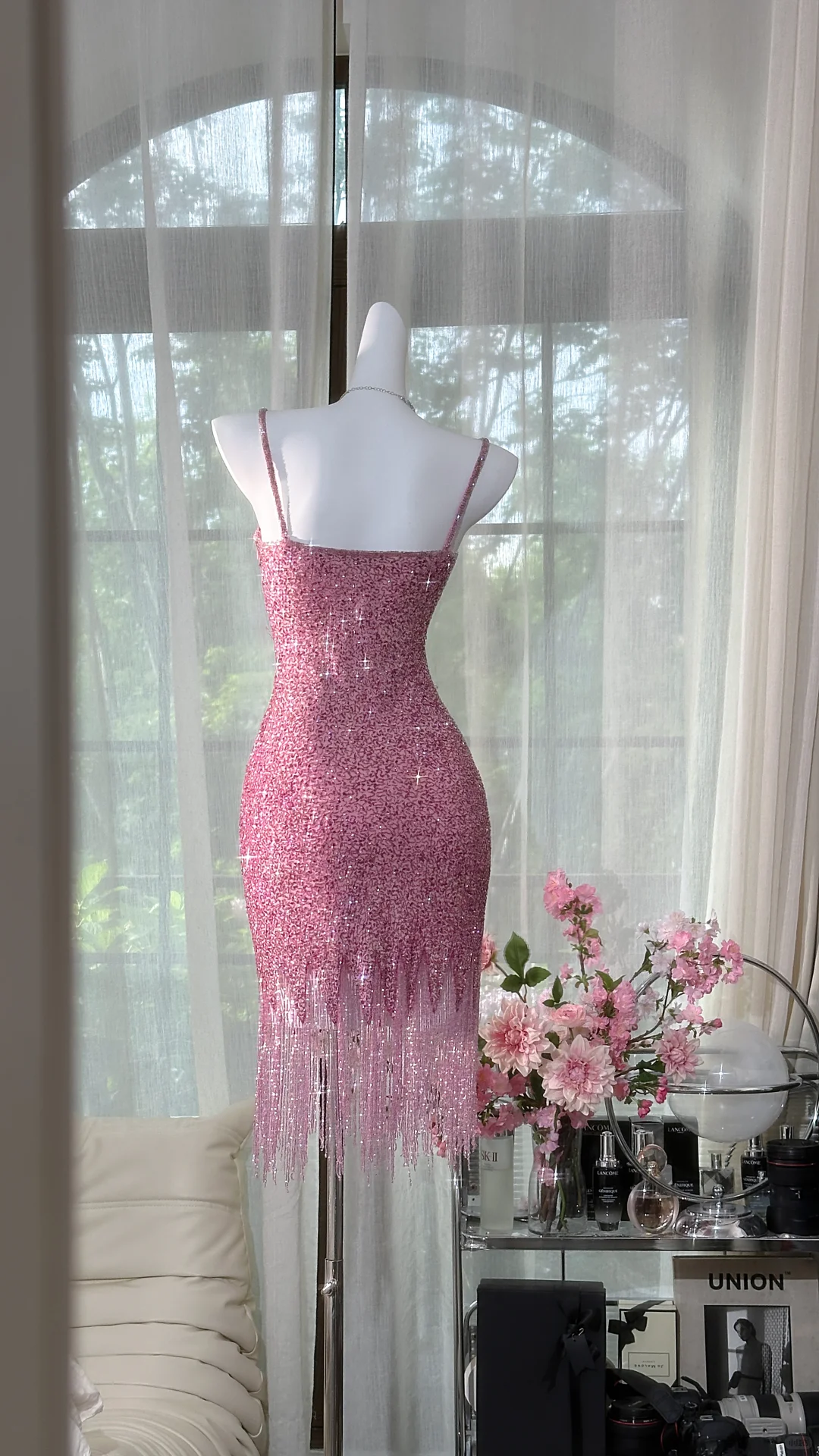 Vintage Pink Sparkling Sequin Spaghetti Strap Tassels Hem Romantic Evening Dress Prom Dresses TP4151