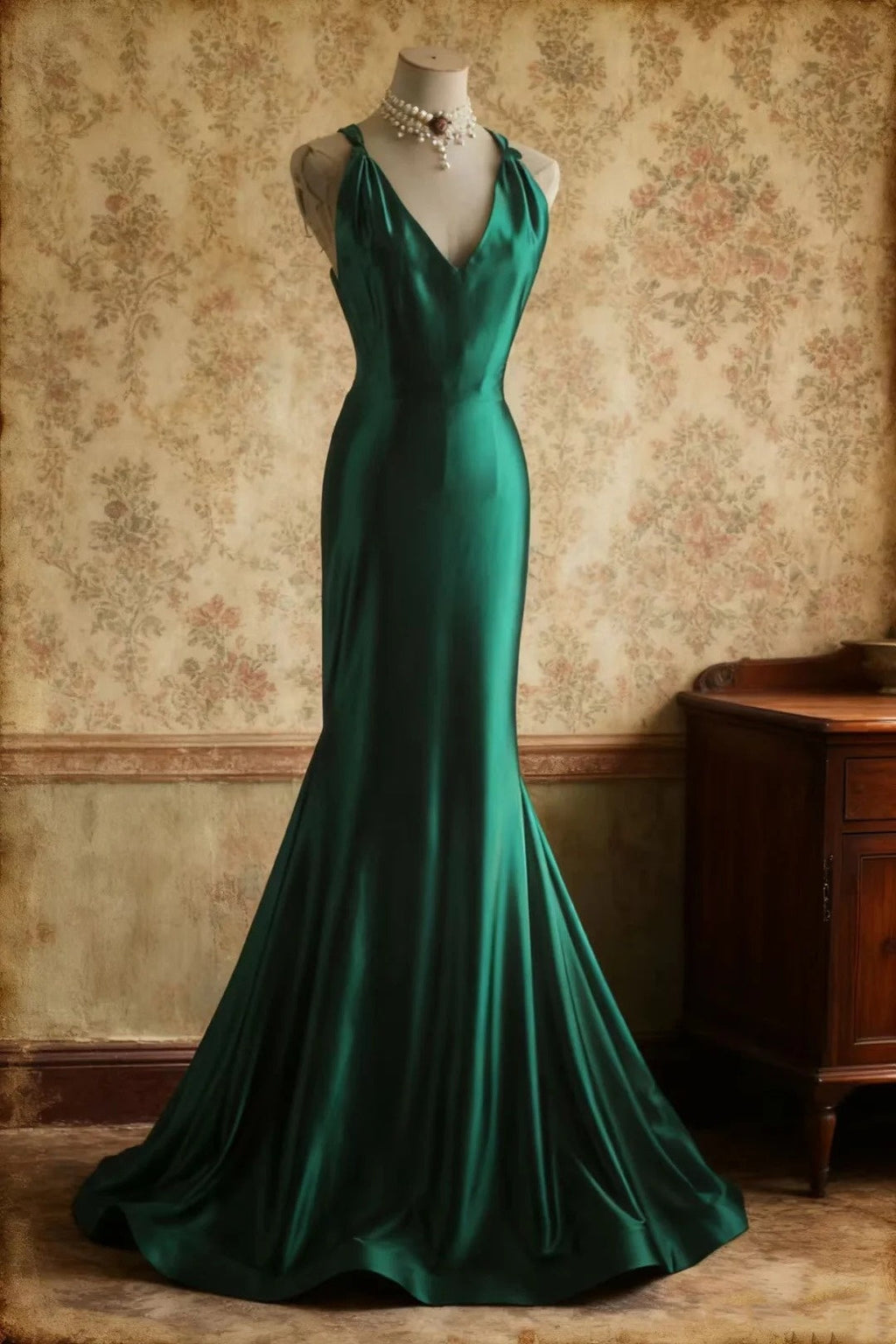 uschichubs-Sleeveless Deep V - Neck Backless Dark Green Satin Mermaid Dress, Retro Elegant Slim - fitting Floor - length Evening Gown  gh5827