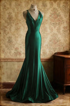 uschichubs-Sleeveless Deep V - Neck Backless Dark Green Satin Mermaid Dress, Retro Elegant Slim - fitting Floor - length Evening Gown  gh5827