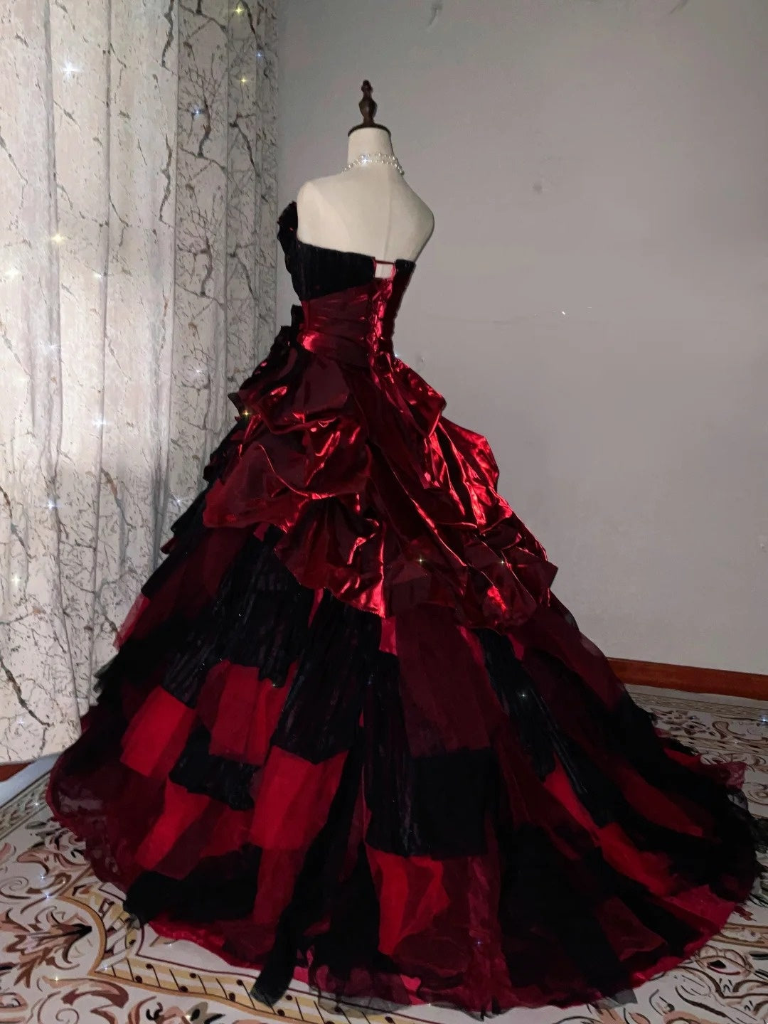 uschichubs-Burgundy-Black Paneled Shiny Satin Strapless Sleeveless Floor-Length Gothic Ball Gown gh6317