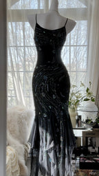 Black Shiny Luxury Gorgeous Exquisite Beaded Long Mermaid Mermaid Dress Chiffon Fairy Ball Dress Evening Dress Wedding Guest Party Dress Prom Dress Date Dress Graduation Dress gh3992