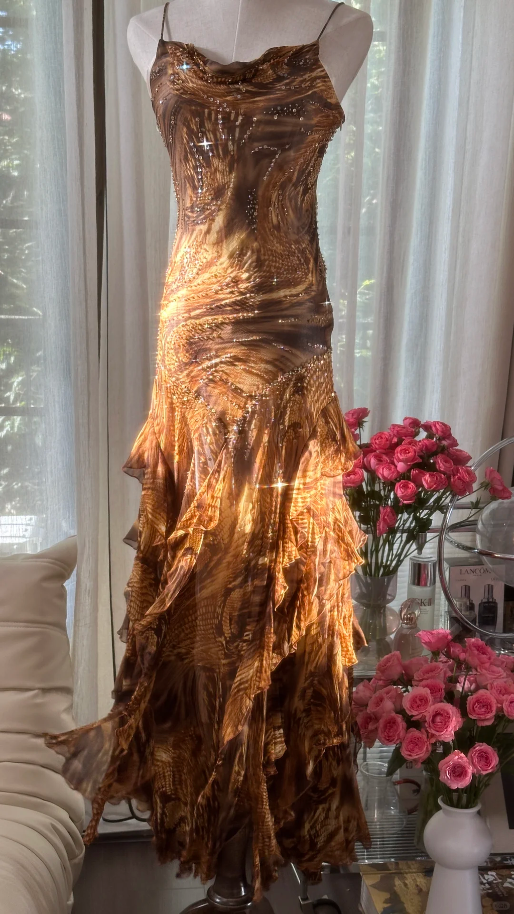 Retro Sparkling Sequin Beaded Elegant Design A-line Romantic Chiffon Evening Dress Prom Dress TP4001