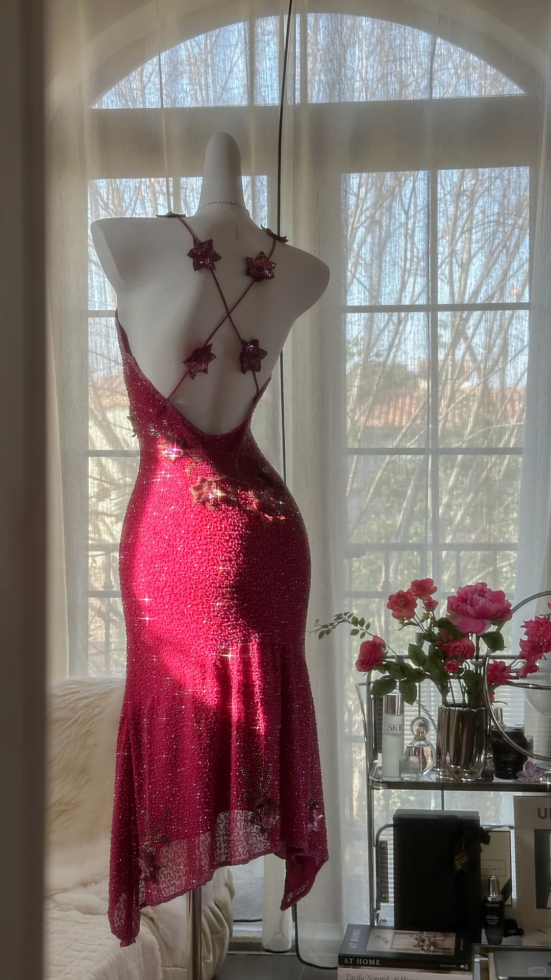 Vintage Shiny Sequin Rose Red Backless Design A-line Romantic Chiffon Evening Dress Prom Dress TP4008