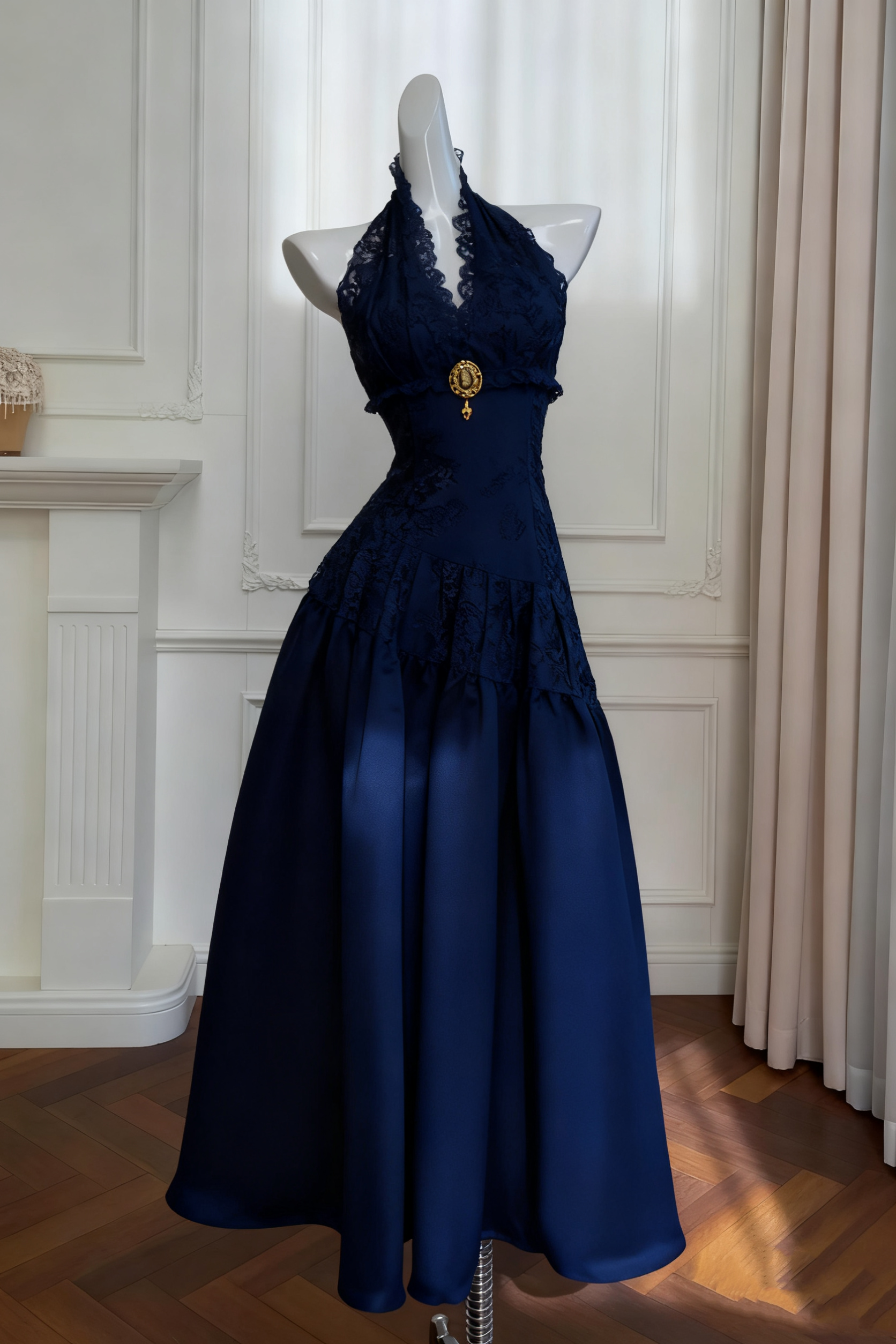 uschichubs-Vintage Lace Jacquard Halter Evening Dress, Long Sleeveless Elegant Party Gown gh5902