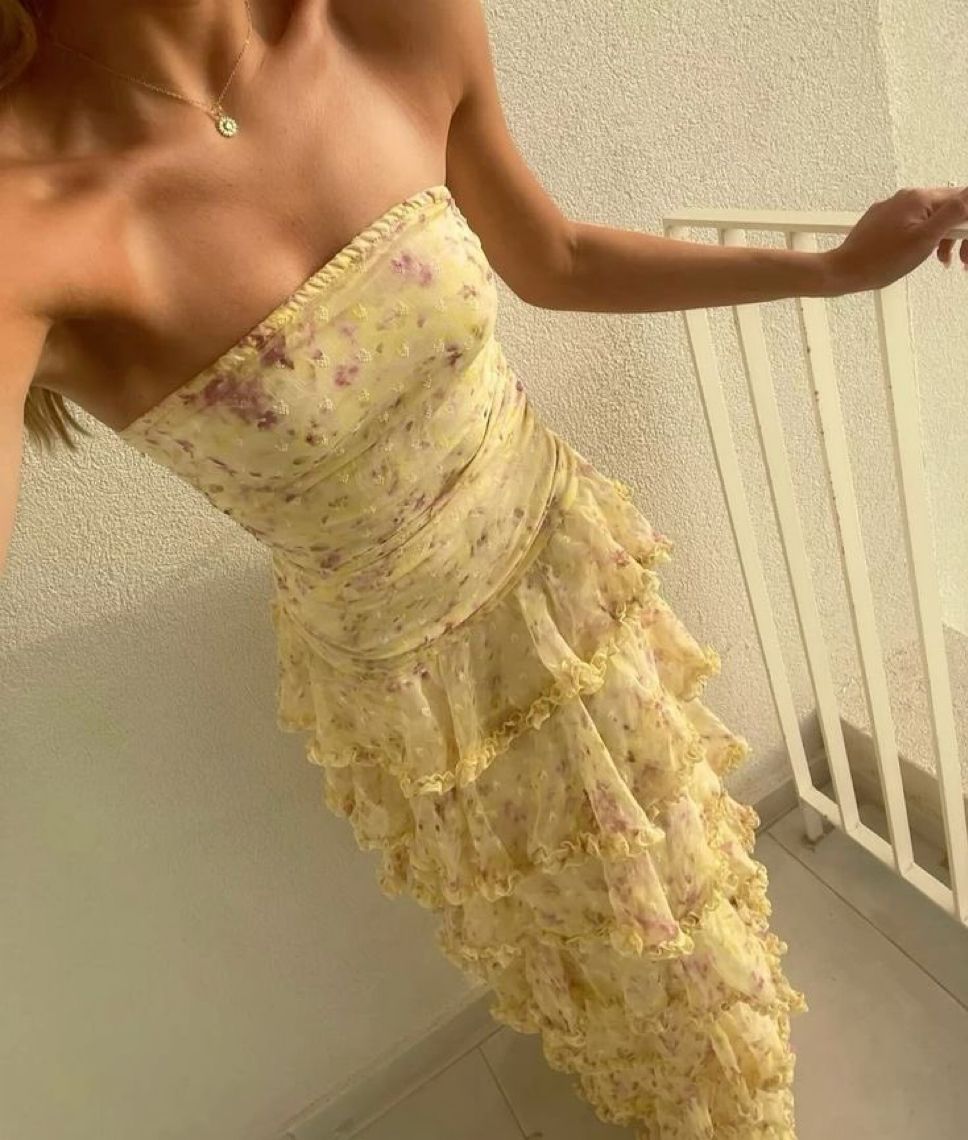 (Dress fabrics are out of stock, only other floral fabrics can be made)uschichubs-Yellow floral long chiffon party dress wedding guest dress gh5202