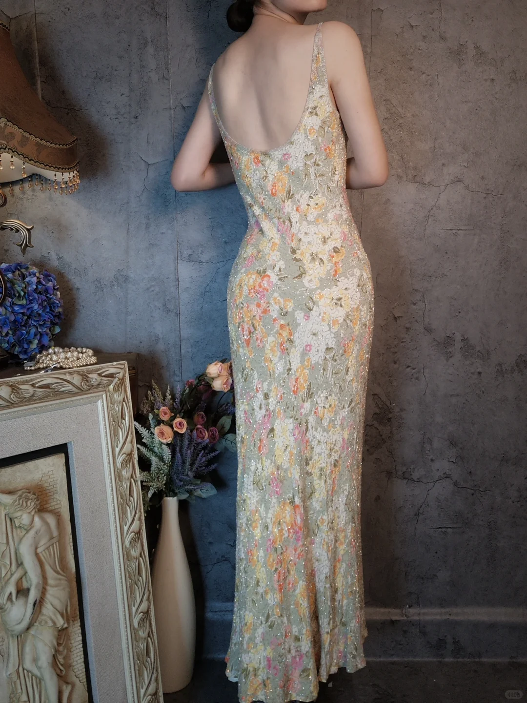 Vintage Floral Spaghetti Strap Sparkling Beaded Design Romantic Chiffon Evening Dress Prom Dress TP4027